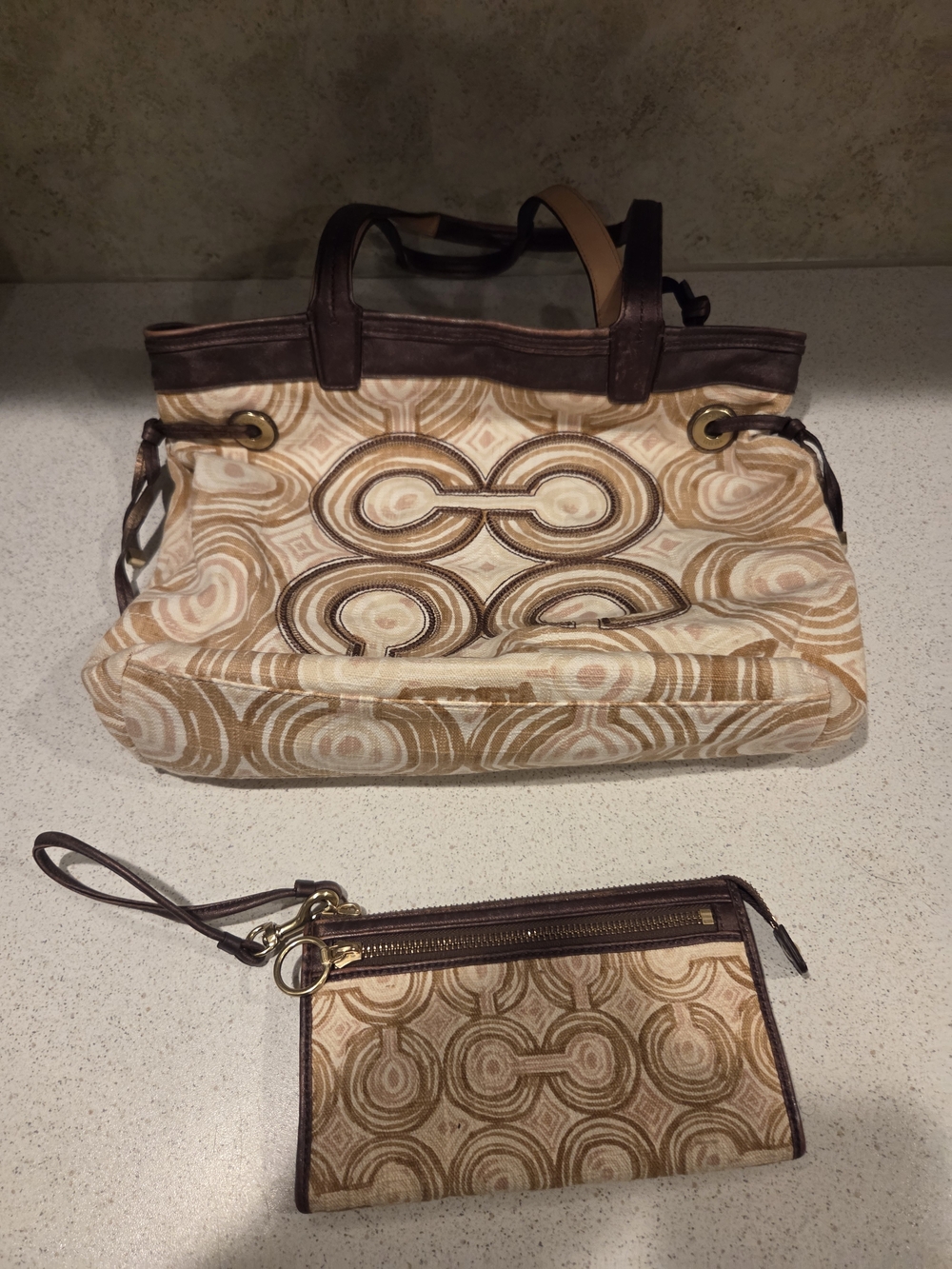 Coach Beige and Brown Patterned Canvas Tote with Wristlet